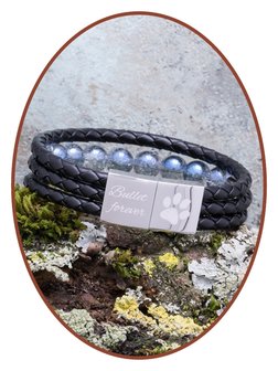 JB Memorials Edelstalen RVS / Leren (As) 'Blue Crackle' Kralen Armband met vulschroef - ZAS014BG