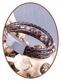 JB Memorials Edelstalen RVS / Leren As Armband, &#039;Petrified Wood&#039; Kralen en vulschroef - ZAS014PW