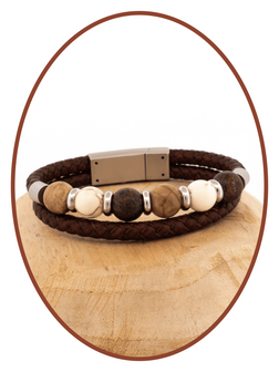 Edelstalen Leren As Armband, &#039;Petrified Wood/Magnesite/Bronzite&#039; Kralen - ASB049