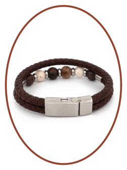 Edelstalen Leren As Armband, &#039;Petrified Wood/Magnesite/Bronzite&#039; Kralen - ASB049