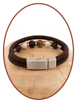 Edelstalen Leren As Armband, &#039;Petrified Wood/Magnesite/Bronzite&#039; Kralen - ASB049