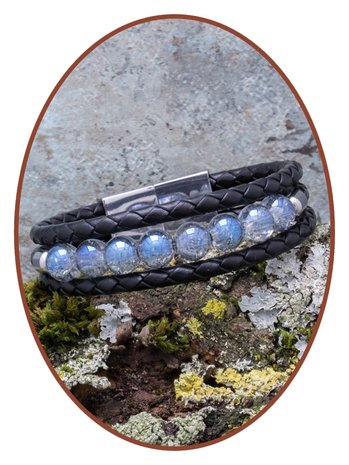 JB Memorials Edelstalen RVS / Leren (As) 'Blue Crackle' Kralen Armband met vulschroef - ZAS014BG