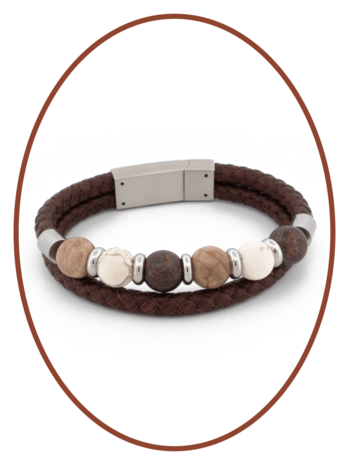 Edelstalen Leren As Armband, 'Petrified Wood/Magnesite/Bronzite' Kralen - ASB049