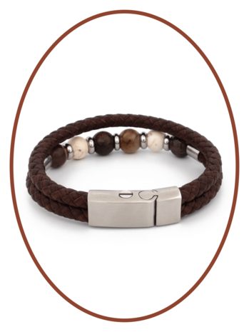 Edelstalen Leren As Armband, 'Petrified Wood/Magnesite/Bronzite' Kralen - ASB049