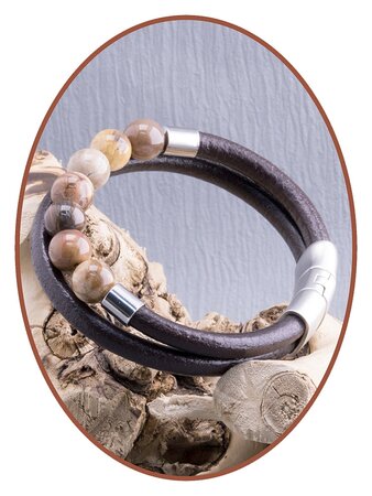 JB Memorials Edelstalen RVS / Leren As Armband, 'Petrified Wood' Kralen en vulschroef - ASB048