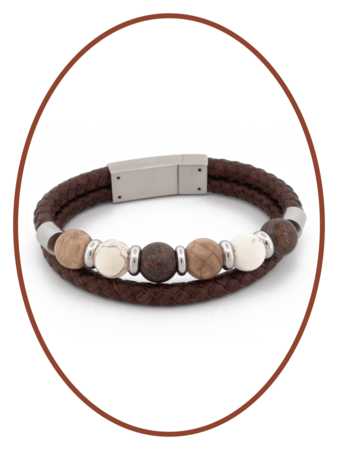 Edelstalen Leren As Armband, 'Petrified Wood/Magnesite/Bronzite' Kralen - ASB049